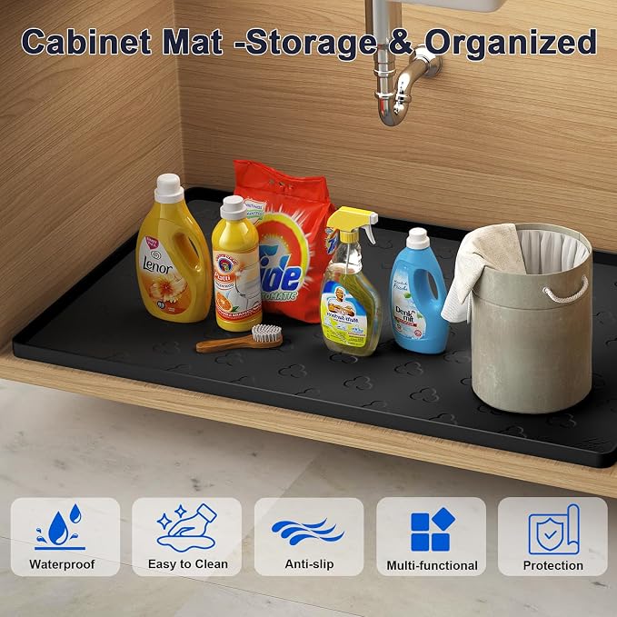 Under Sink Mat 34" x 22" Waterproof Kitchen Cabinet Mat, Flexible Under Sink Liner, Kitchen Bathroom Cabinet Mat Protector for Drip Leak Spill (Black)