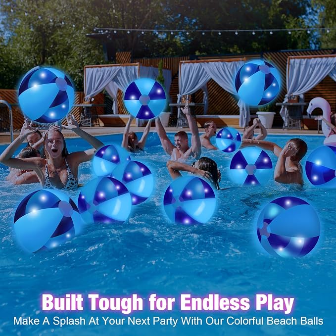 MiniInflat 12 Pcs Light up Beach Balls 16'' Jumbo Pool LED Balls Glow in the Dark Neon Giant Inflatable for Summer Hawaiian Tropical Theme Beach Party Decor Water Accessory (Blue)