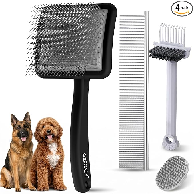 WPQAEM Slicker Brush for Large Dogs, 4PCS Dog Grooming Kit for Thick, Curly & Double Coats (Poodles, Goldendoodle, German Shepherd), Wood Handle - Black