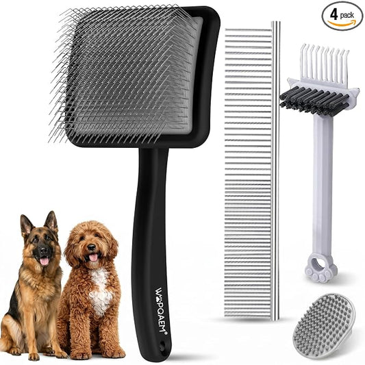 WPQAEM Slicker Brush for Large Dogs, 4PCS Dog Grooming Kit for Thick, Curly & Double Coats (Poodles, Goldendoodle, German Shepherd), Wood Handle - Black