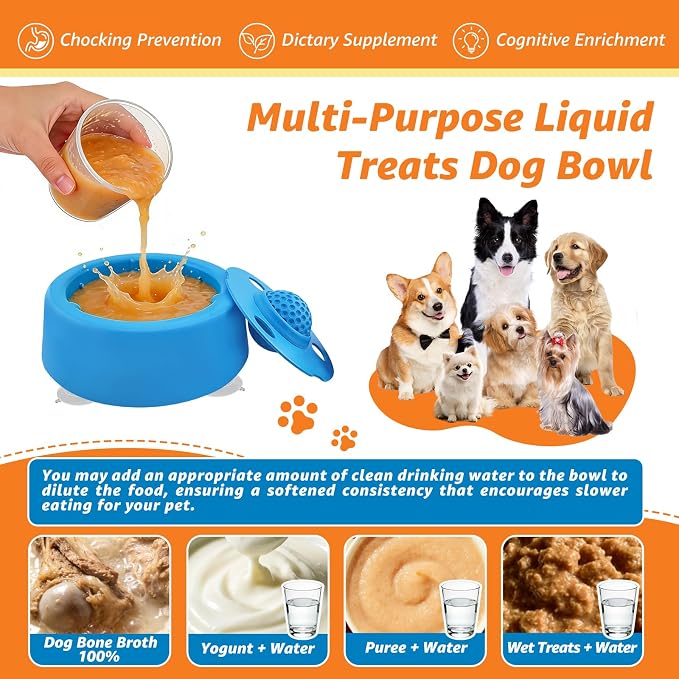 Slow Feeder Dog Bowls, Dog Lick Bowl with Built-in Rolling Ball for Wet Food, Bone Broth & Yogurt, Non-Slip Base, Interactive Enrichment Toy for Safe & Fun Feeding (Blue)