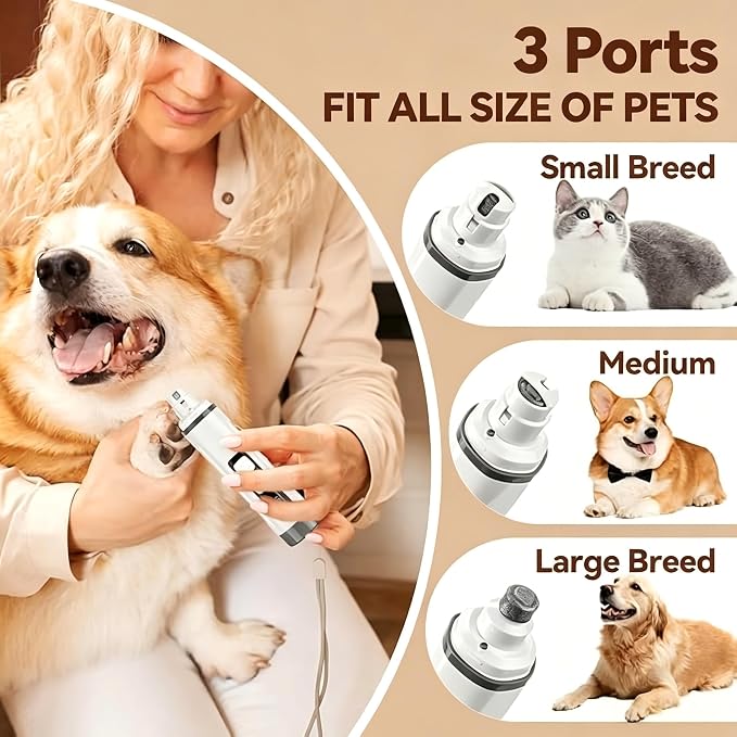 Dog Nail Grinder Quiet- 3-Speed Dog & Cat Nail Grinder with LED Light & Battery Display & Upgrade Grinding Head - Painless Nail Trimmer for Small to Large Pets, Thick Nails, and Sensitive Paws