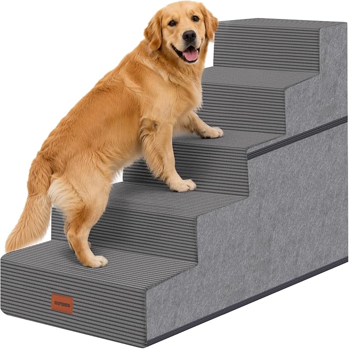 Dog Stairs for Large Dog, 22.5" H, 5-Step Pet Steps for High Bed Couch Sofa and Chair, Non-Slip Pet Ramp for Injured & Senior Pets with Washable Cover and Durable High Density Foam, Grey
