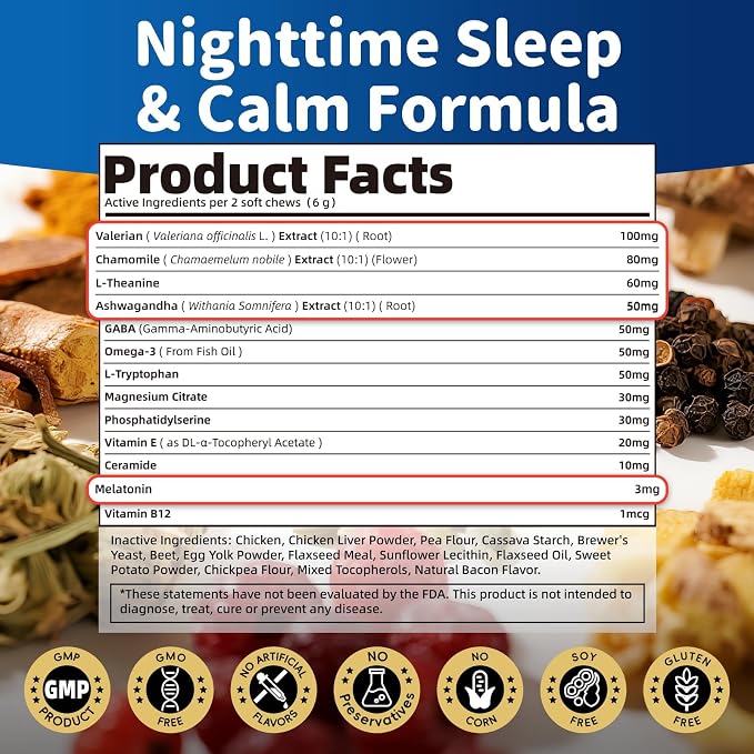 Dog Melatonin Calming Chews for Nighttime Sleep, Natural Relaxation & Stress Support for Dogs & Puppies Calming Treats, Barking, Separation, Anxiety, Fireworks, Upgraded Bacon Flavor, 90Ct
