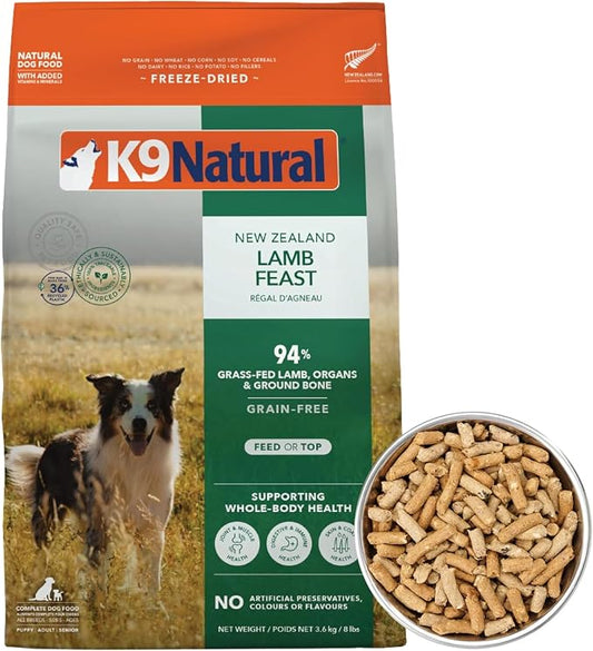 K9 Natural Lamb Freeze Dried Dog Food, High-Meat Natural Complete Meal or Meal Toppers for Dogs, Grass-Fed Lamb from New Zealand, Grain-Free, GMO-Free, Complete & Balanced Nutrition, 8lb