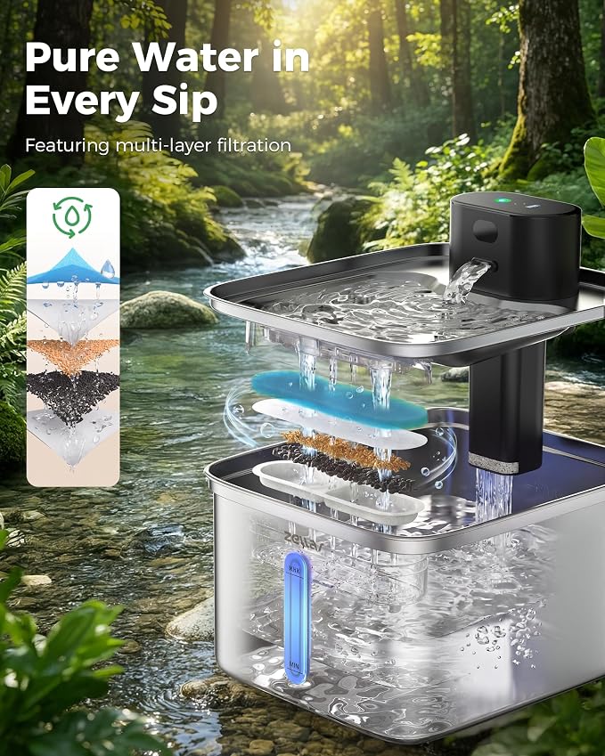 Zellar Wireless Cat Water Fountain, 99oz/2.8L Pump-Free Ultra-Quiet Pet Water Dispenser, 304 Stainless Steel with Multi-Layer Filtration, 3 Smart Modes & Motion Sensor, Fountain for Cats/Dogs