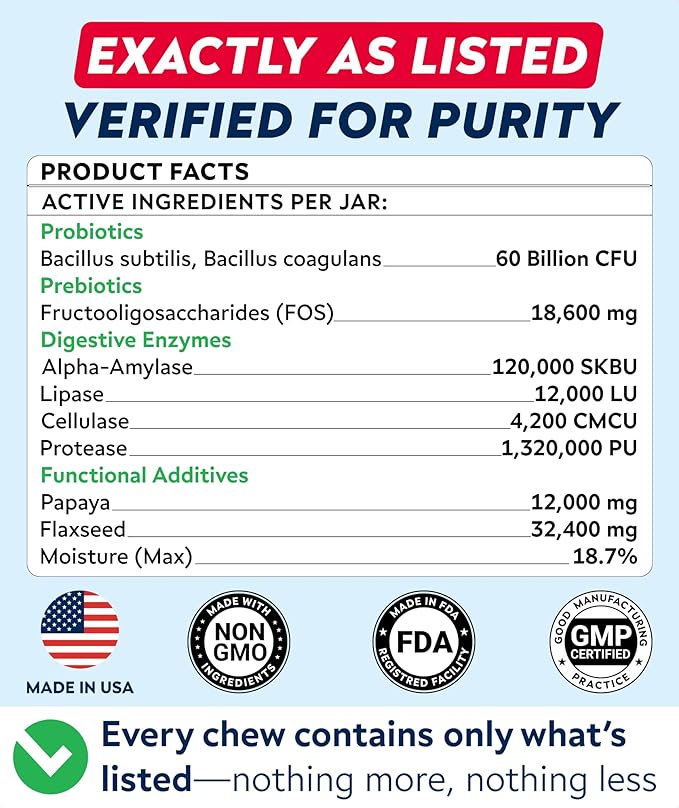 StrellaLab Vet Strength Dog Probiotics Treats - 60 Billion CFU per jar + Digestive Enzymes Prebiotics - Chewable Fiber Supplement w/Pumpkin - Diarrhea, Gas, Constipation, Upset Stomach Relief