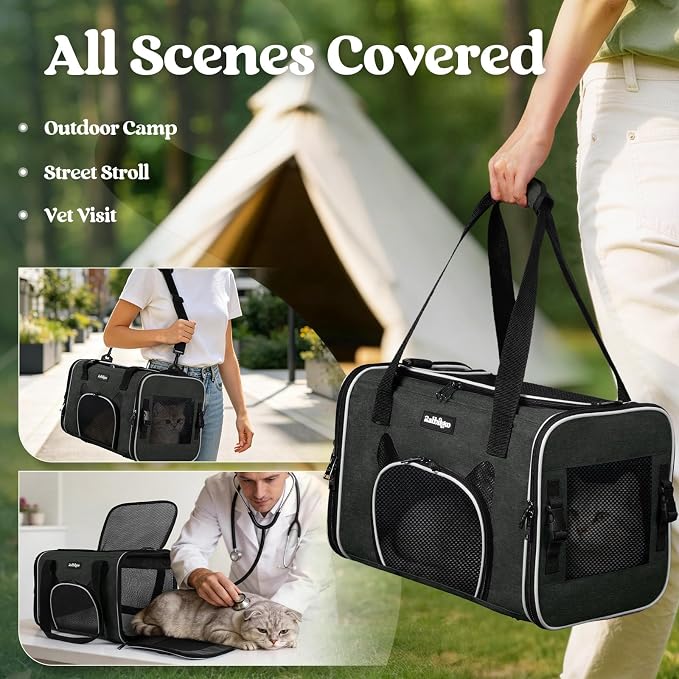 rabbitgoo Cat Carrier Soft Sided, Stable Portable Pet Carrier with Safety Buckles for Car Travel Vet Visit Airline, Comfortable Breathable Kitten Bag for Small Medium Large Cat, Black, 19x12x12 inch