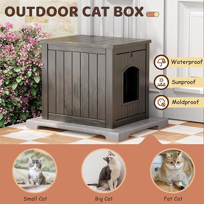 Cat Litter Box Enclosure, Resin Hidden Litter Box Furniture Side Table with Openable Front Door, Weatherproof Indoor & Outdoor Cat Litter Box Cabinet, Raised Floor, Easy to Clean & Assemble, Gray