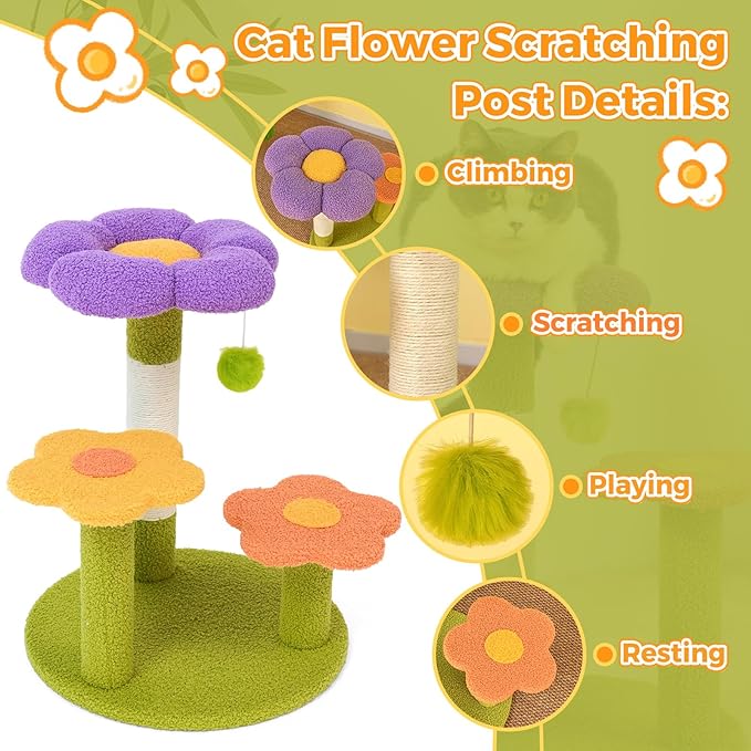 Flower Cat Trees, Flowers Scratching Post Kitten Tree 18" High 3-PLY Cat Tower, Cozy Fluffy Cute Cat Condo for Kitten Indoor Activity