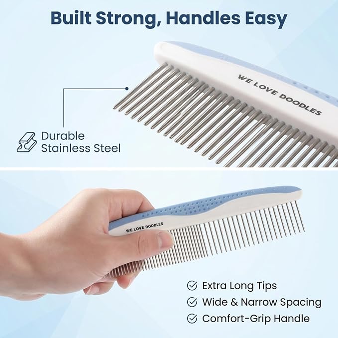 We Love Doodles Pet Dematting Comb and Metal Dog Grooming Comb Bundle - Deshedding Undercoat Rake | Removes Tangles & Matts | Dematting Pet Combs | Detangler For Matted Hair | for All Hair Types