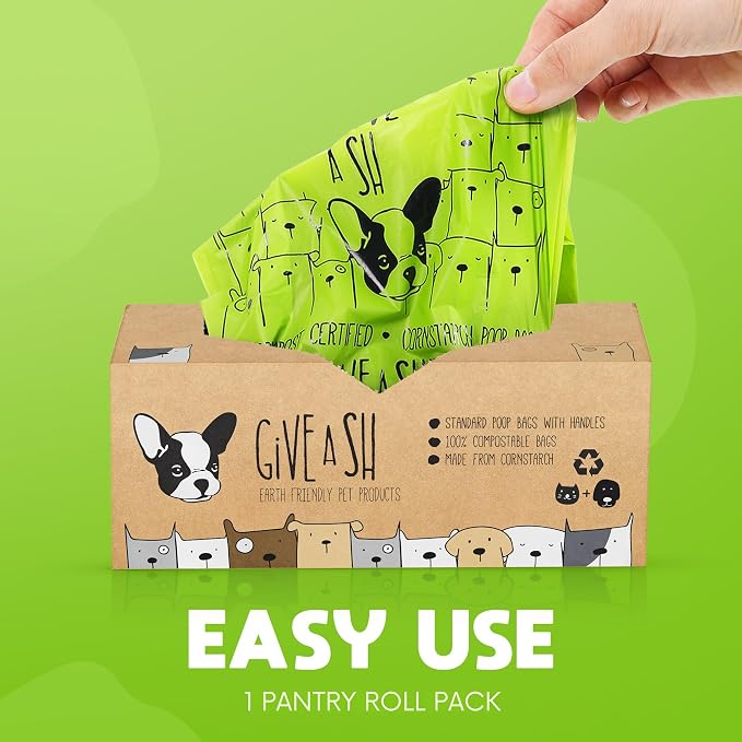 Certified Home Compostable Dog Poop Bags with Handles - 10% to Charity - ASTM D6400 & EN 13432 Compliant - 120 x Large Plant Based Compostable Poop Bags (1 Pantry Roll)