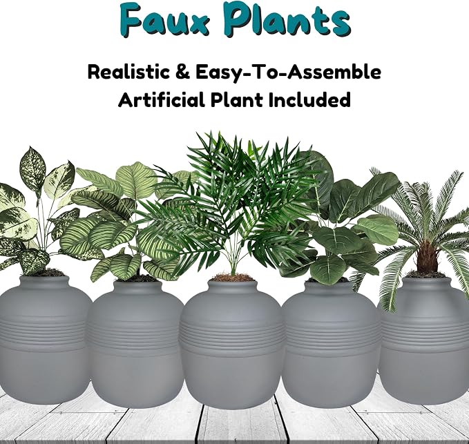 Good Pet Stuff Original Hidden Litter Box Planter, Decorative Cat Litter Enclosure, Carbon Filter, Faux Plant, Round Design, Easy to Clean, Base Kit, Palm Plant, Pebble Gray