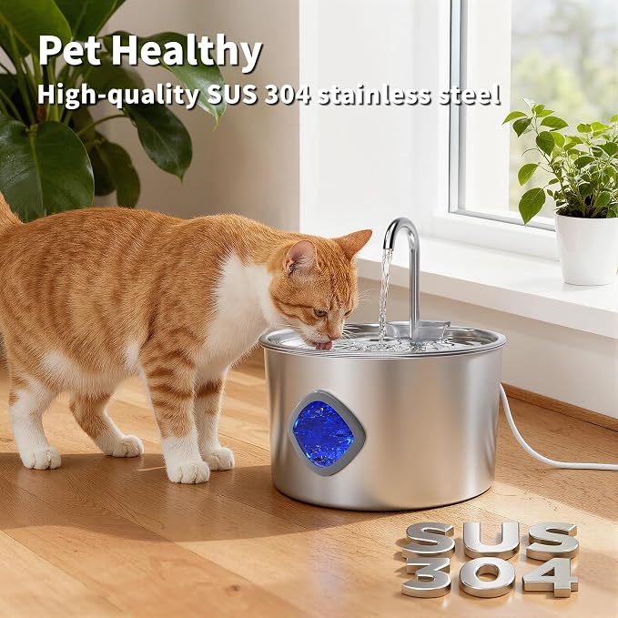 Cat Water Fountain Stainless Steel: 108oz/3.2L Cat Fountain for Drinking - Pet Water Fountains for Cats Indoor - Cat Water Bowl Dispenser - Pets Feeding & Watering Supplies - Water Level Window
