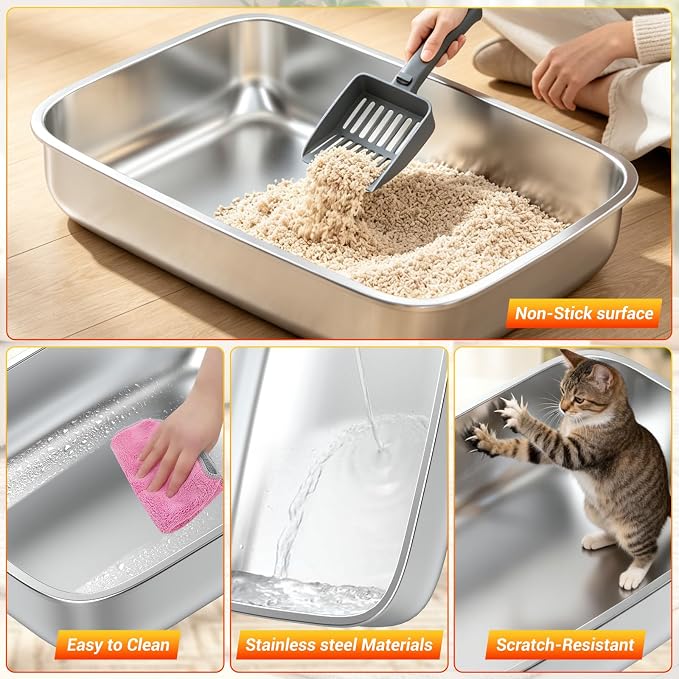 Cat Litter Box - Stainless Steel Litter Box with Lid for Large &Kitty,Enclosed Litter Box Includes Litter Scoop, Elevated Step Box, and Activated Carbon Pack, 23.6“ x 16.9” x 16", Dark Gray