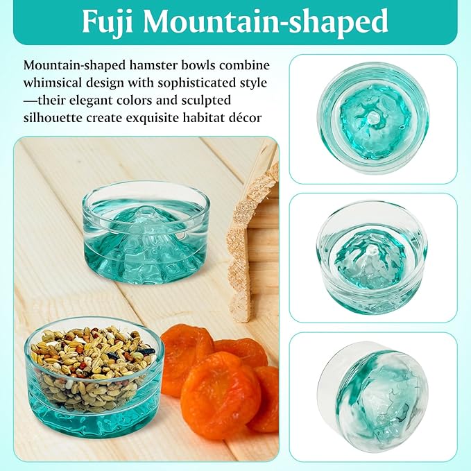 BNOSDM 2Pcs Hamster Food and Water Bowl Mountain Fuji Style Glass Drinking Dwarf Hamster Feeder and Rabbit Grinding Claw Pads Natural Lava Stone Teeth Grinding Scratching Pad Chew Toy for Small Animal