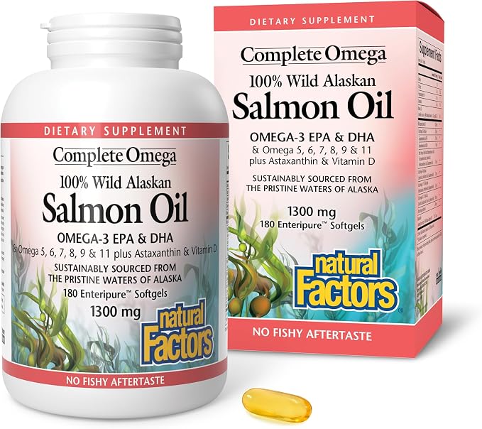 Complete Omega by Natural Factors, Wild Alaskan Salmon Oil, Supports Heart and Brain Health with Omega-3 DHA and EPA, 180 softgels (180 servings)