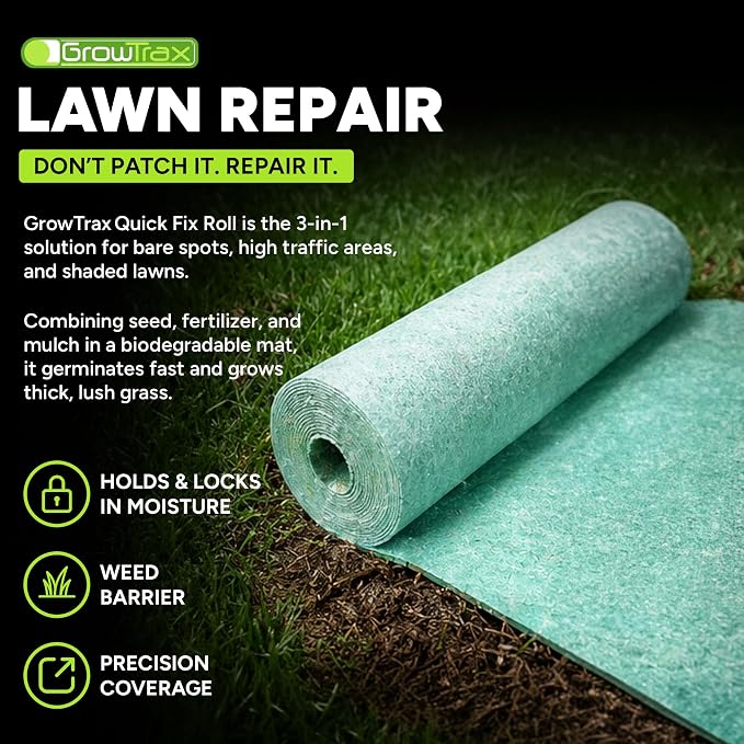 Growtrax Biodegradable Grass Seed Mat, Year Round Green - 50 Sq Ft Quick Fix Roll - Growing Solution for Lawns, Dog Patches and Shade - Just Roll Water & Grow -Not Fake or Artificial Grass