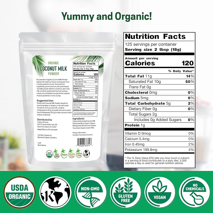 Z Natural Foods Organic Coconut Milk Powder - All-Natural Vegan Dairy-Free Alternative with MCTs - Unsweetened Coconut Creamer for Coffee & Smoothies - Gluten-Free, Non-GMO, 5 lbs