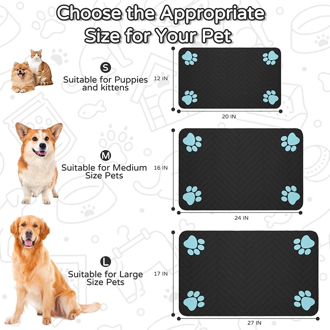 Pet Feeding Mat-Absorbent Dog Feeding Mat for Food and Water Bowl,No Stains Pet Placemat,Quick Drying Water Dispenser Mat for Dog and Cat,Easy to Clean Dog Accessories(M,Black Blue Paw)