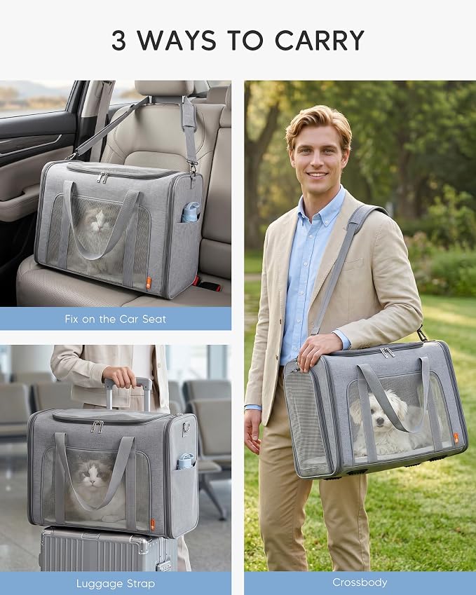 Soft-Sided Pet Carrier Bag Large 21.6inch Dog Carrier Cat Carriers for Medium Cats Dogs Puppies (Up to 26lbs) Collapsible Travel Puppy Carrier with Foldable Bowls Grey