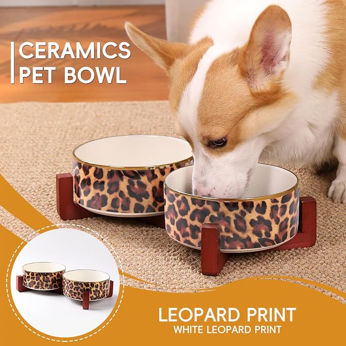 Dog Bowl Set with Wood Stand, Non-Slip Anti-Tip Elevated Design, Double Ceramic Animal Food Water Cat Bowls, Suitable for Large/Medium Sized Dog Pet Feeder Dish Station - 32 OZ, Leopard Print