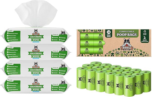 Pogi's Poop n' Wipe Combo Pack - 270 Compostable Dog Poop Bags and 400 Plant-Based Grooming Wipes Bundle