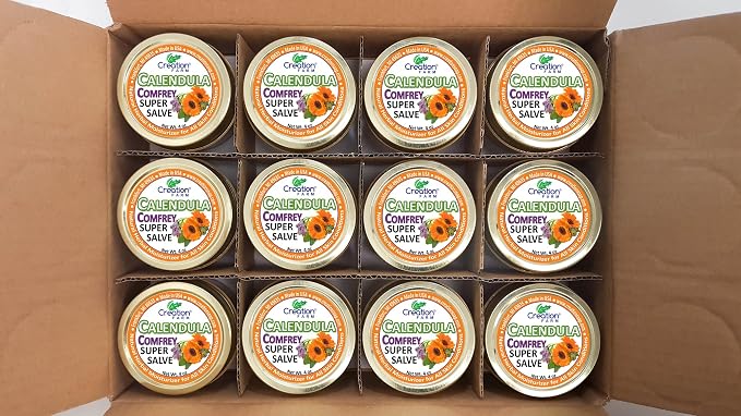 Calendula Comfrey Super Salve 8OZ- (2-4 oz Jars), by Creation Farm Balm Soothes Baby Bottoms, Hand Cream for Dry Cracked skin, Tattoos and Beards Grown and Made in USA from Real Herbs
