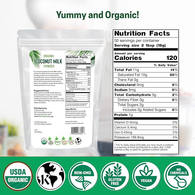 Z Natural Foods Organic Coconut Milk Powder - All-Natural Vegan Dairy-Free Alternative with MCTs - Unsweetened Coconut Creamer for Coffee & Smoothies - Gluten-Free, Non-GMO, 2 lbs