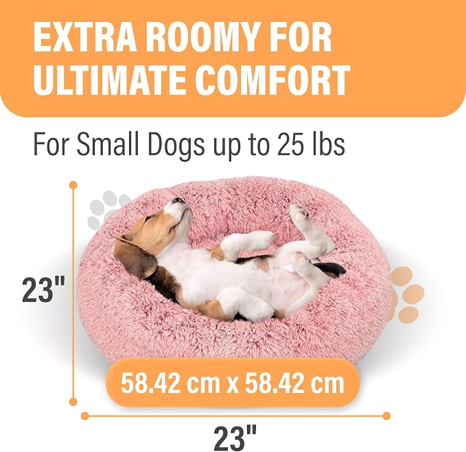 Active Pets Premium Small Donut Dog Bed, Fits Up to 45 lbs, Machine Washable Cushion, Plush Long Pile Faux Fur Fabric, Portable Pink Pet Bed Furniture for Puppies Adult Canines & Cats