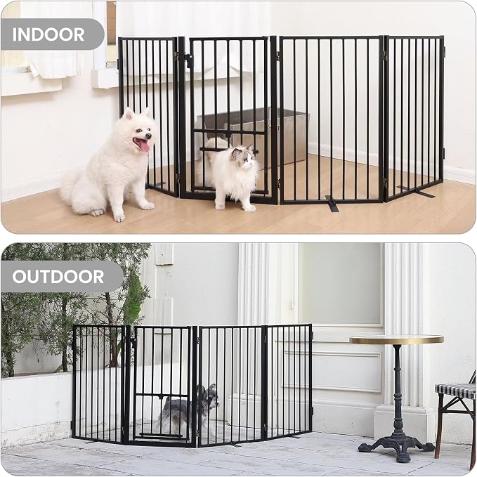 Full Metal Freestanding Dog Gate with Cat Door for Outdoor & Indoor,34" Tall Foldable Pet Fence,60" Extra Wide Free Standing Dog Gate for RV Camping,Stairs,Hallways,Doorways,Deck,Yard (3 Panels,Black)