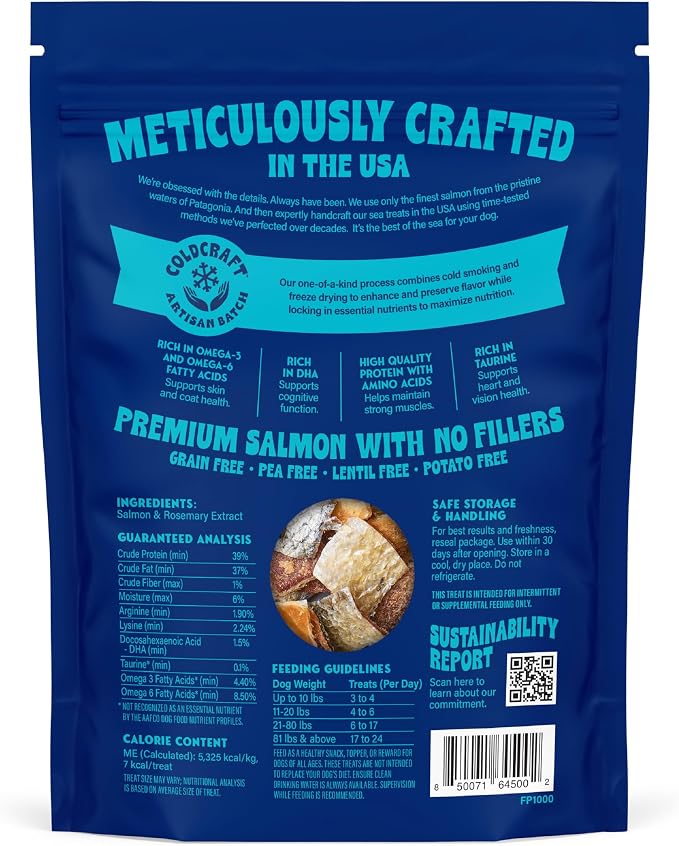Finfare Freeze Dried Salmon Skin Treats for Dogs, Protein & Omega-3s, Grain Free Salmon Dog Training Treats, Crafted in USA, Bites - 2oz