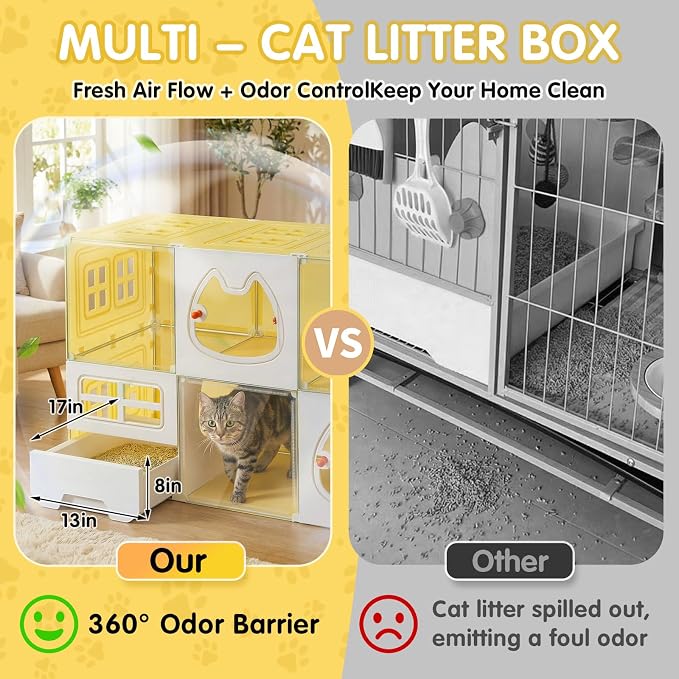 Cat Cage 3-Tier with Built-in Litter Box & Free Scoop Cat Enclosure with Detachable Metal Frame Transparent Window DIY Zones Cats Kennel for 1-3 Cats Indoor Playpen 41" x18" x 41"