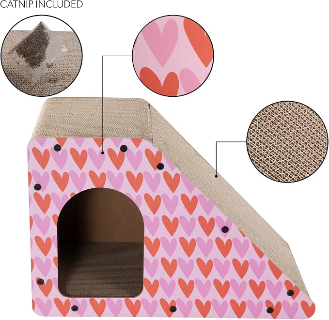 Kento 23.63" Modern Cardboard Cat Cave Scratcher with Catnip, Angled Trapezoid Hideaway House and Scratching Lounge for Indoor Cats, Heart Pattern CSR1008C