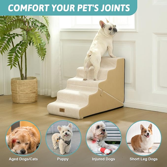 COZY KISS Dog Stairs for Small Dogs, 3-Step 2 in 1 Transformable Pet Stairs for Couch and Bed, 15.7" H Dog Steps for Old Cats, Puppy, Small Dogs (Beige, 17.7x33x22.4 in, 5.0)