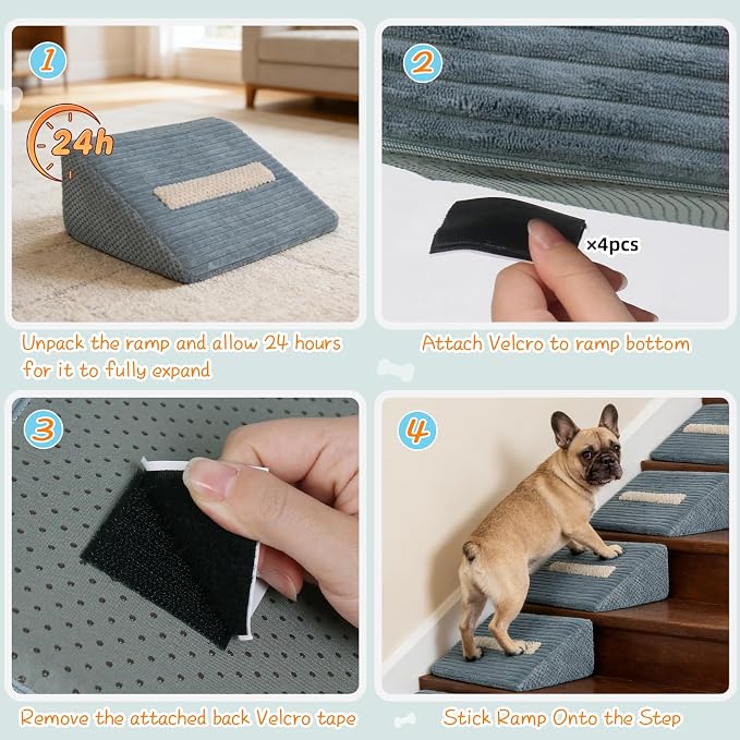 Foam Dog Ramp for Stairs, Low-Impact Climbing Dog Stairs for Senior Dogs | 5.1"H, 6 Pack, 40D High-Density Foam Won't Collapse, Protects Joints, Anti-Slip & Self-Sticky Pads, Washable Cover, Grey
