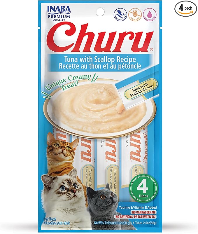 INABA Churu Cat Treats, Grain-Free, Lickable, Squeezable Creamy Purée Cat Treat/Topper with Vitamin E & Taurine, 0.5 Ounces Each Tube, 4 Tubes, Tuna with Scallop Recipe