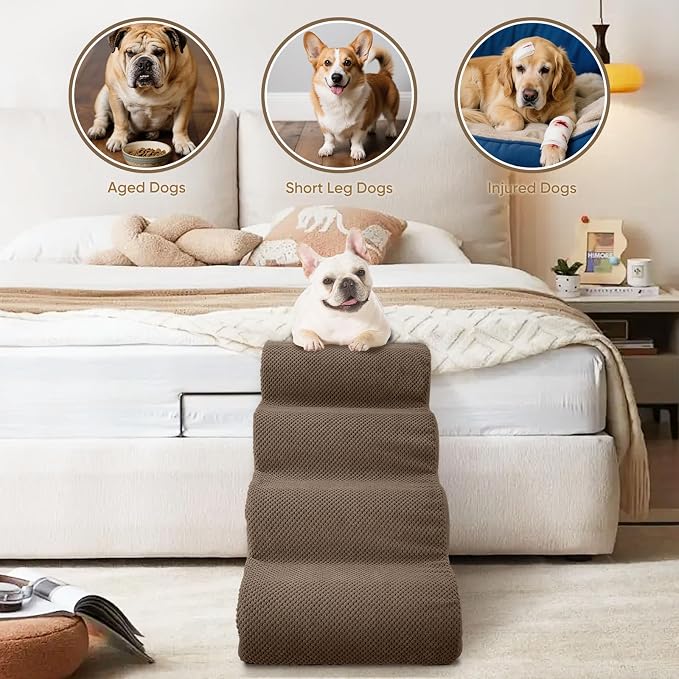 PAWSCRAT Pet Stairs for Dogs 5-Step, 22.8" H Pet Stairs for High Bed, Couch Sofa & Chair, 30D Material Soft Foam Dog Steps with Non-Slip Bottom Surface Removable Washable Cover, Brown