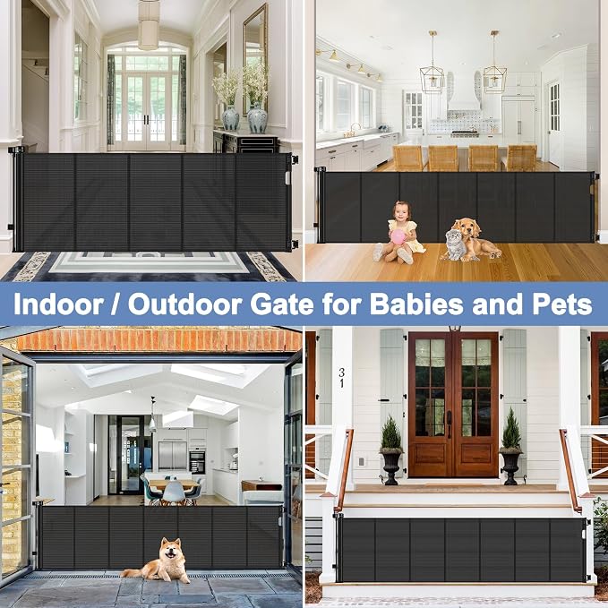 Reinforced 200 Inch Extra Wide Baby Gate Retractable Dog Gate 16.7ft Outdoor pet Gates for Wide Openings 37 Inch Tall No Sag Mesh Retractable Baby Gates for Doorways with Reinforced Strips, Black