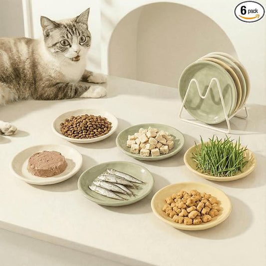 Shallow Cat Bowls 6 Pack – Whisker Friendly Ceramic Cat Dishes for Wet & Dry Food, Dishwasher Safe