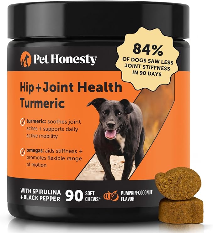 Turmeric Joint Supplement for Dogs - Glucosamine Chondroitin + Omega 3 Fish Oil - Advanced Mobility Support for Achey Joint, Ease Stiffness + Hip Support for Aging Dogs (Pumpkin Coconut, 90 Ct)