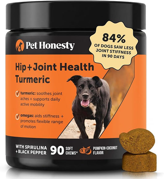 Turmeric Joint Supplement for Dogs - Glucosamine Chondroitin + Omega 3 Fish Oil - Advanced Mobility Support for Achey Joint, Ease Stiffness + Hip Support for Aging Dogs (Pumpkin Coconut, 90 Ct)