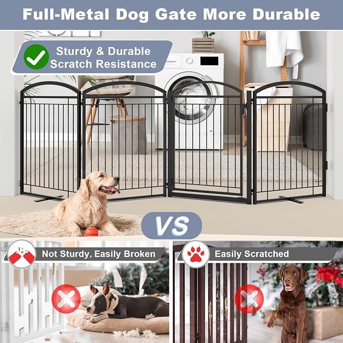 Full Metal Free Standing Dog Gate with Door for Outdoor Indoor,96'' Extra Wide 32'' Tall Dog Gate for The Doorways,Large Openings,Decks,Porch,Pet Freestanding Safety Fence(4 Panels,Black)