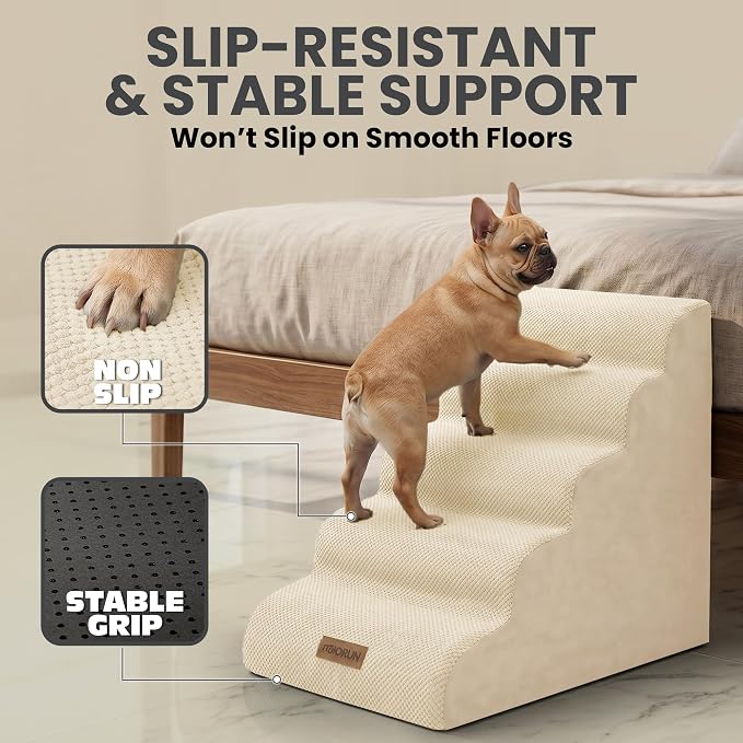 Dog Stairs for High Beds, Extra Tall 24.5" 5-Step Pet Steps for Medium & Small Dogs, Foam Ramp for Tall Couch & Bed, Washable Cover - Dog Steps for Bed