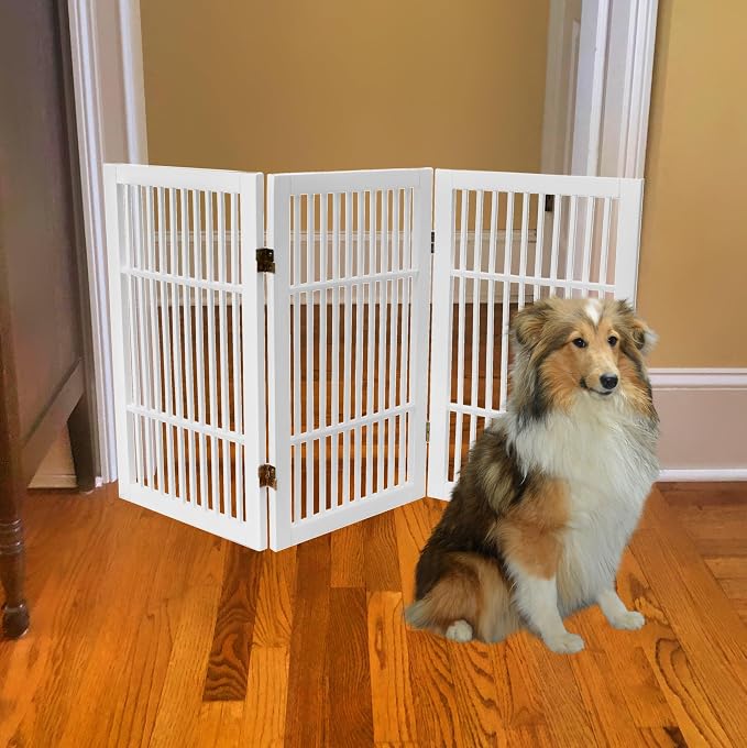 Urnporium Pet Dog Gate Freestanding, Strong Durable Folding Wooden Fence, Portable Acacia Hardwood Safety Barrier for Indoor & Outdoor Use (White Pet Gate, 3 Panel 30" Tall)