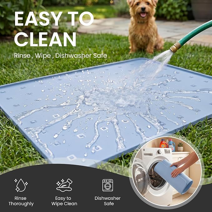 Silicone Pet Feeding Mat, 26x18 Inch Waterproof Dog Bowl Mat – Non-Slip, Machine Washable, Thin 0.28 Inch Edge for Messy Eaters, Protects Hardwood & Tile Floors, Blue