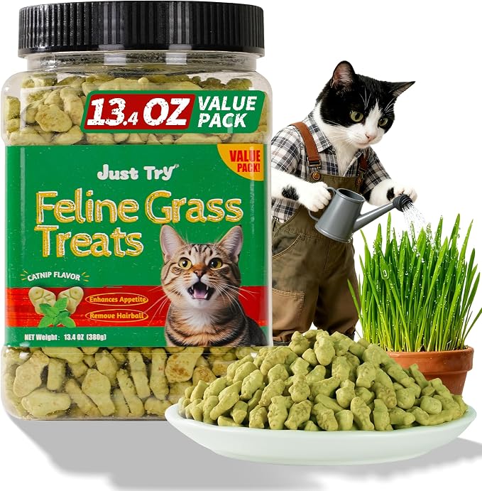 Just Try Cat Treats for Indoor Cats Hairball Control Natural Salmon Healthy Cat Grass Treats Kitten Snacks Training Biscuits Catnip for Cats Dental Care 13.4 OZ