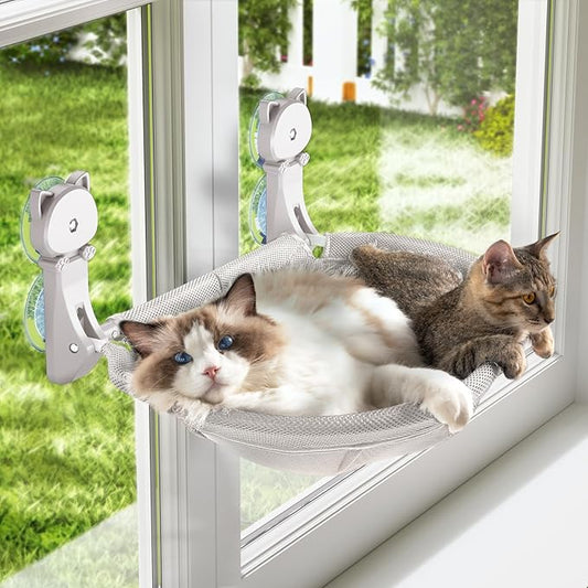 JUNSPOW Cat Window Perch Cordless, Glow in The Dark & Stable Cat Beds- Breathable Window Hammock for Overlooking, Sunbathing and Climbing - Maximum Hold Up to 40lb(Light Grey)