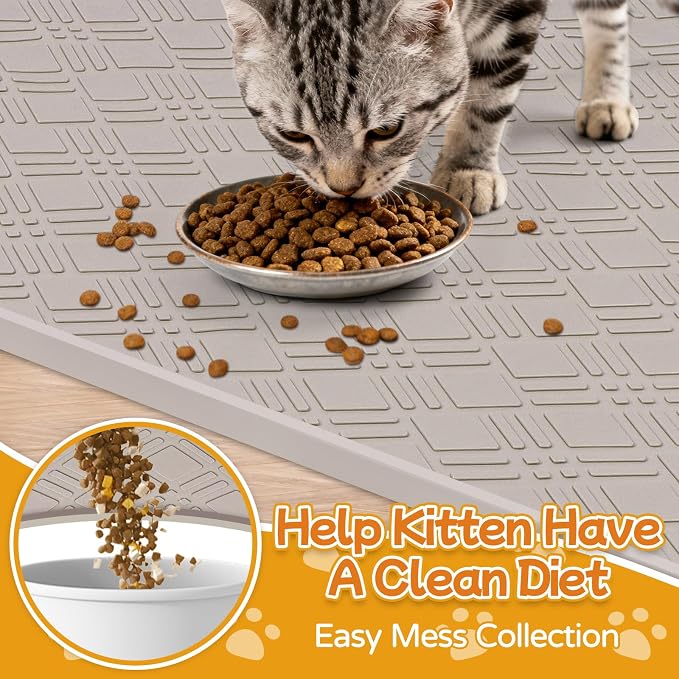 Cat Food Mat, 42" x 29" Large Silicone Mat Cat Feeding Mat with Raised Edge Non-Slip Pet Feeding Mat for Food and Water Bowl, Easy to Clean, Floor Protection (Beige)
