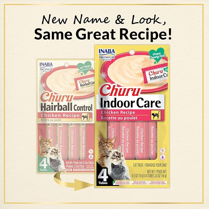 INABA Churu for Cats, Functional, Creamy Lickable Purée Cat Treat for Indoor Care and Hairball Control, 0.5 Ounces Each, 48 Tubes (4 per Pack), 2 Flavor Tuna and Chicken Variety Pack